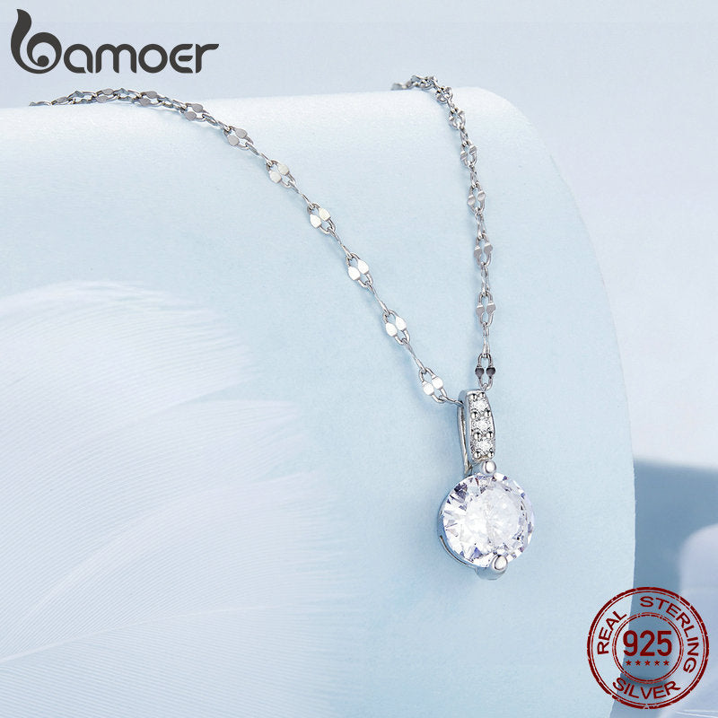 Bamoer 925 Sterling Silver Gemstone Charm Necklace For Women Shiny Transparent Zircon Chain Link Necklace Wedding Fine Jewelry