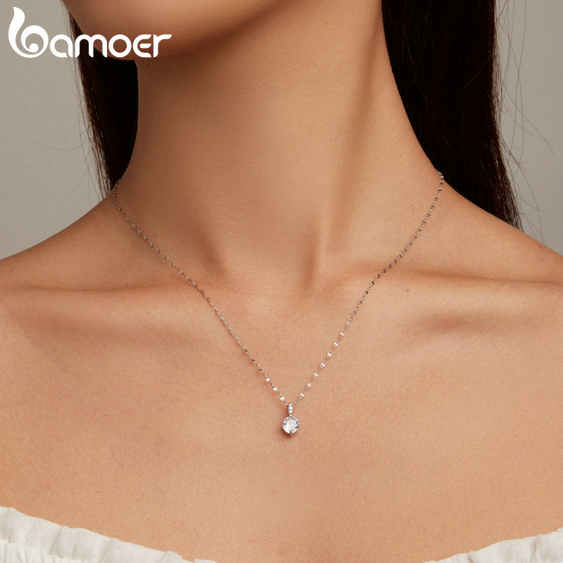 Bamoer 925 Sterling Silver Gemstone Charm Necklace For Women Shiny Transparent Zircon Chain Link Necklace Wedding Fine Jewelry