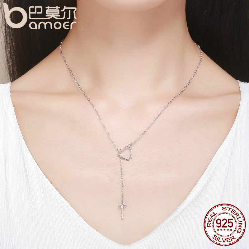 BAMOER 925 Sterling Silver Sweet Key of Heart Lock Link Chain Necklaces &amp; Pendants Women Luxury Sterling Silver Jewelry SCN107