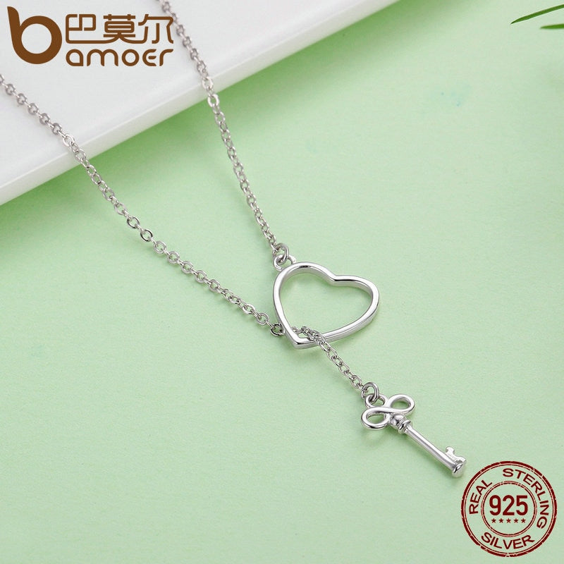 BAMOER 925 Sterling Silver Sweet Key of Heart Lock Link Chain Necklaces &amp; Pendants Women Luxury Sterling Silver Jewelry SCN107