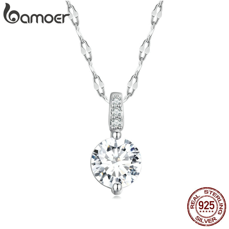 Bamoer 925 Sterling Silver Gemstone Charm Necklace For Women Shiny Transparent Zircon Chain Link Necklace Wedding Fine Jewelry