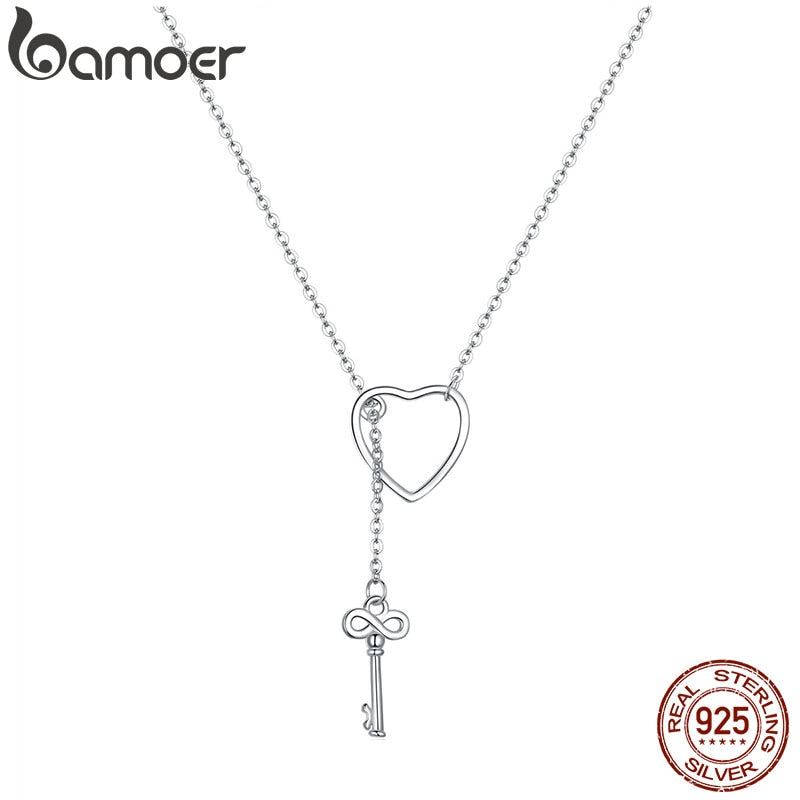 BAMOER 925 Sterling Silver Sweet Key of Heart Lock Link Chain Necklaces &amp; Pendants Women Luxury Sterling Silver Jewelry SCN107